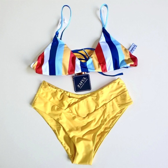 Zaful Other - Zaful Women's 2 Piece Striped Top Bikini Set High Low Bottom Size S Beachy NWT